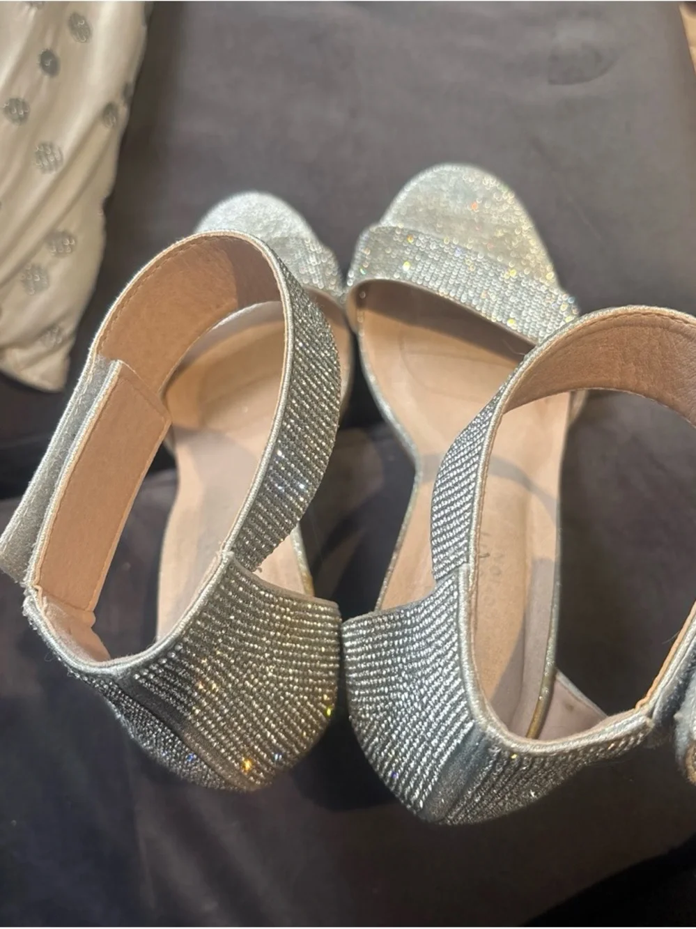Silver Rhinestone Block Heel Sandals - Women